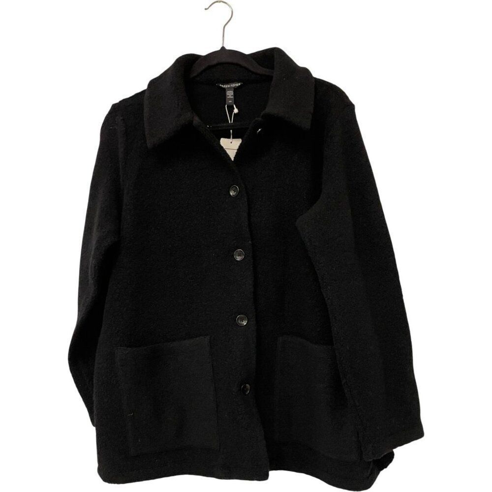Eileen Fisher Classic Collar Jacket Coat Small Black Front Pocket Wool Blend NWT
